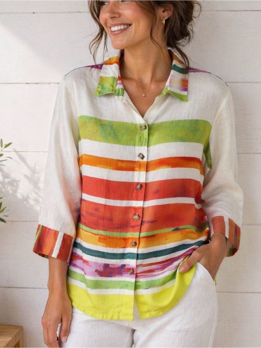 John Mark 100% Linen White wood Button Shirt Multi-Colorful Stripe coastal blous